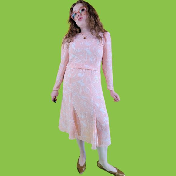 Vintage 80s Pastel Pink Alison Peters Abstract Floral Sheer Midi Dress, 10 - Picture 8 of 10